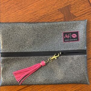 RARE Makeup Junkie Silver Cosmetic Bag with Pink Tassel